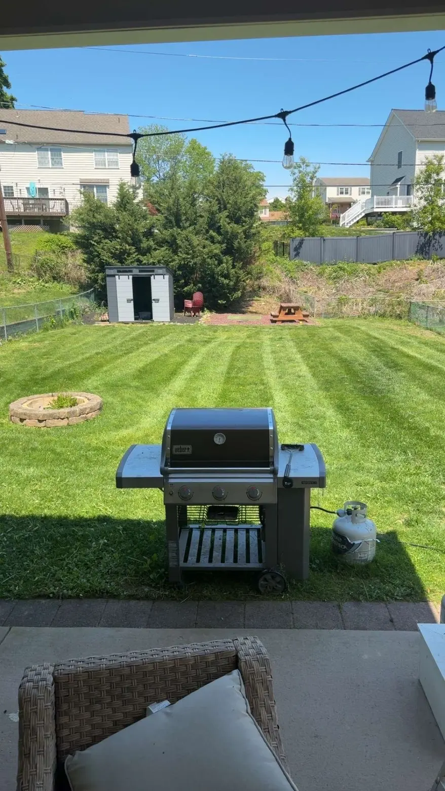 Freshly striped backyard lawn maintained by T and J Landscaping